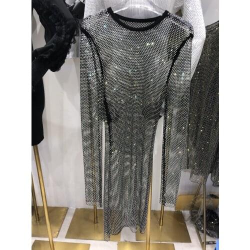 Shiny Diamonds Beading mesh Dress lady Temperament Slim O neck Long-Sleeved Sexy Party Club mini dress vestido de mujer jurken