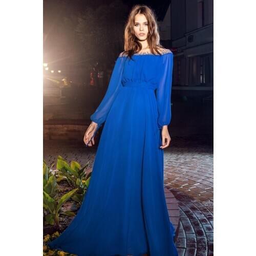 Royal Blue Long Chiffon Beaded Prom Dresses 2020 Sheer Neck Long Sleeves A Line Formal Evening Party Dress vestidos de gala