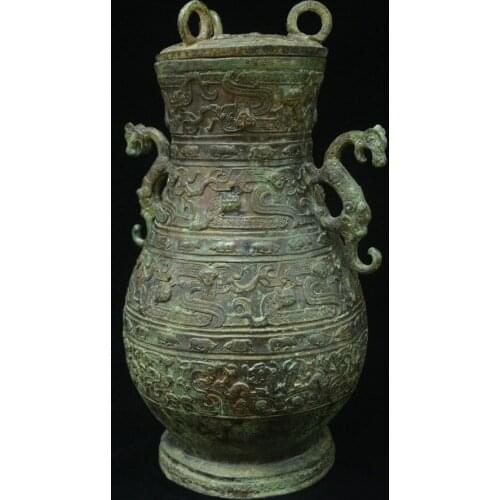 13" Old China Bronze Beast Panchi Stripe Bottle Vase Wine Flask Pot Tank Statue