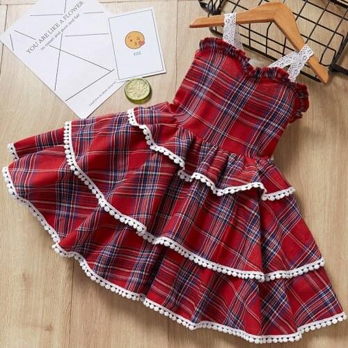 2021 Toddler Girls Dress Summer Lace Suspender Dresses Kids Clothes Baby Plaid Puff Cake Skirt