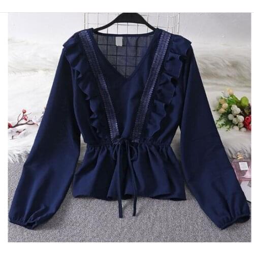 30pcs/lot fedex fast korean style woman spring autumn v-neck blouse female solid chiffon ruffles top