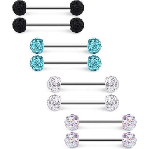 4Pairs Crystal Ball Nipple Tongue Tongue Shield Ring & Stainless Steel Straight Barbell Body Piercing Jewelry