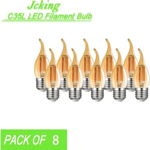 Pack of 100 JCKing Dimmable 2W/4W/6W/8W E26/E27 LED Filament Bulbs Candle tail LED Amber Bulb LED Antique Chandelier