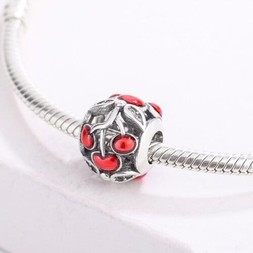 925 Sterling Silver Diamond-Encrusted Hollow Cubic Zirconia Red Cherry Pendant Charm Bracelet DIY Jewelry For Original Pandora