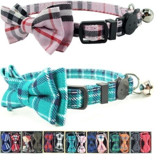 2PCS/PACK Cat Collar Breakaway Bell Bow Tie Accessories Pink Cyan Plaid Quick Release Cat Collars for Small Dogs Puppies 17-28cm