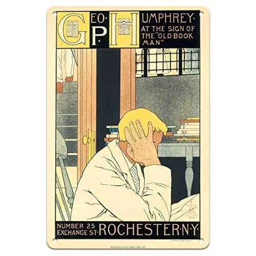 Geo P. Humphrey - at The Sign of The Old Book Man - Advertising Poster by M. Louise Stowell c.1896 Metal Tin Sign