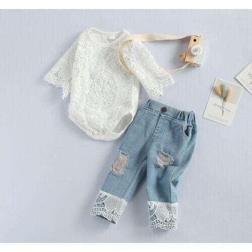FOCUSNORM Autumn Kids Baby Girls Clothes Sets Lace Flowers Long Sleeve Romper Tops Blue Denim Pants 2pcs