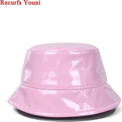 Korean Fashion Winter Women Real Patent Leather Fisherman Hat Casual Wild Bucket Hats Pink/Beige Retro Art Female Caps Bob Hat