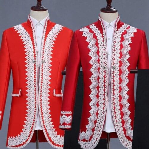 Red Mens Suits Male Wedding Jacket Prom Party Performance Costumes Bar Show Nightclub Stage Outfit England Court Dress DT1482