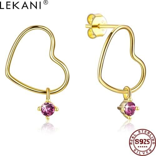 LEKANI Sterling Silver 925 Jewelry Heart Earrings For Women Purple Austria Crystal Hanging Stud Earring Anniversary Gift Best