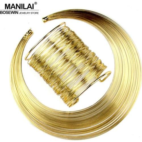 MANILAI Multilayer Metal Wire Chokers Cuff Bracelet Bangles Necklaces Sets Indian Women Punk Statement Jewelry CE2122-S