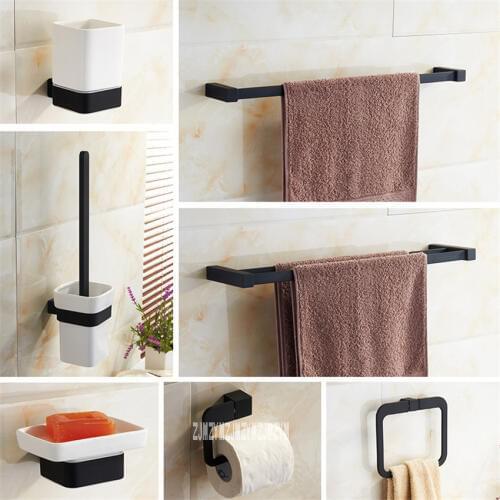 Bathroom 8 Pieces Combination Set Black Simple Lacquer Bathroom Brush Cups Soap Holder Towel Ring Racks Bathroom Hardware Set