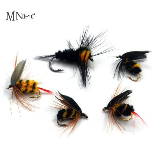 MNFT 10Pcs Fly Fishing Lures Yellow Black Bumble Bee Artificial Insect Bait Bass Wet Flies Tied Hand Trout Lure