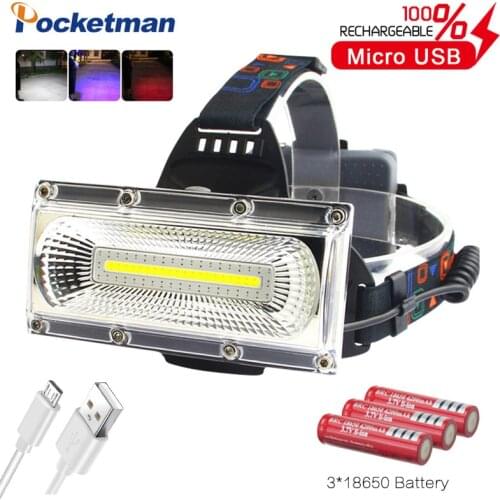 Most Powerful COB LED Headlight USB Rechargeable Head Lamp white&red&blue light 3-Mode Headlamp Waterproof Hunting Lighting