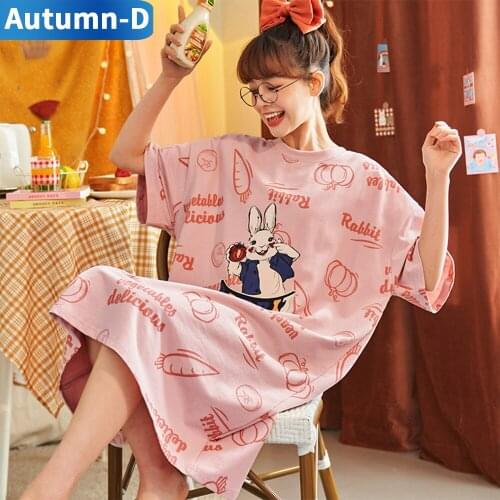 Autumn-D Womens Nightdress Summer 2021 Cotton Cartoon Rabbit Short Sleeve Dress Cute Home Clothes Free Shipping Pajamas