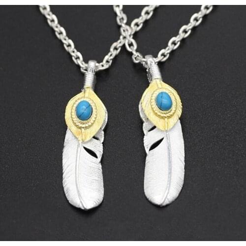 S925 Sterling Silver Jewelry Takahashi Goro Vintage Thai Silver Handmade Eagle Turquoise Feather Pendant