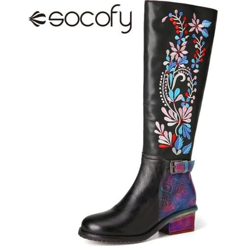 SOCOFY Women Mid-calf Boots Embroidery Cowboy Boots Thick Heel Leather Ladies Boots Winter and Autumn Boots botas de mujer 2020