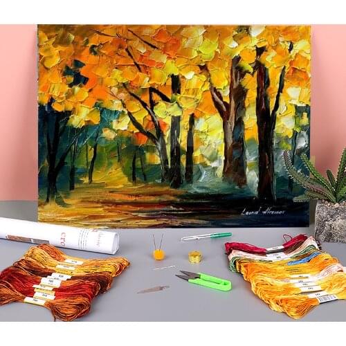 Fall Forest Printed Water-Soluble Canvas 11CT Cross Stitch Complete Kit Embroidery DMC Threads Handmade Hobby Craft Design
