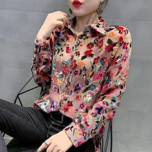 2021 Summer Fashion Womens 3xl Slim Printed Floral Full Sleeve Top Blouse , Woman Clothes Mesh Flower Pattern Tops Blouses