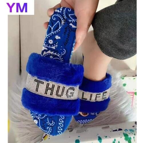 2021 Bling Shoes Womens Plush Sandals Fur Slides Summer Printing Outdoor Sandals Casual Shoes Home Comfortable Shoes Dropship