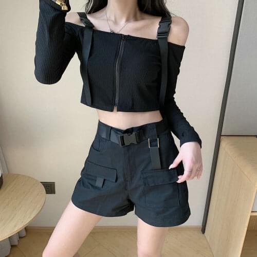Woman TShirts Buckle Stitching Strap off-Neck Tight Top Womens Black T-shirt Knitwear Spring Clothes Crop Top Mujer Camisetas