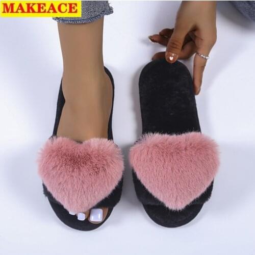 Fashionable Plush Slippers Spring and Autumn Household Flat Suede Cotton Tow 2021 New Heart Size Womens Shoes Slides for Women