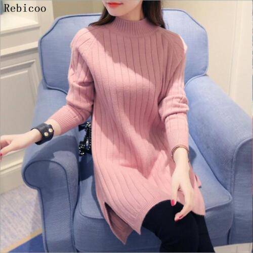 Women Sweater And Pullover Autumn Winter Pullover Warm Female Half-High Collar Pullover Long Sleeved Knitted Basic Dress