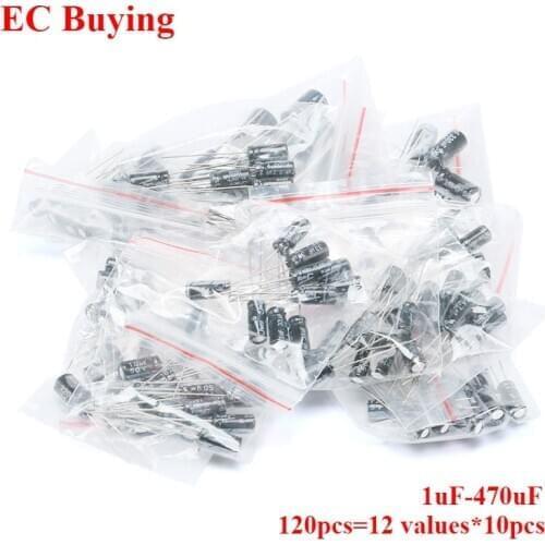 120pcs 1uF-470uF Electrolytic Capacitor Assortment Kit 1UF 2.2UF 3.3UF 4.7UF 10UF 22UF 33UF 47UF 100UF 220UF 330UF 470UF 12value