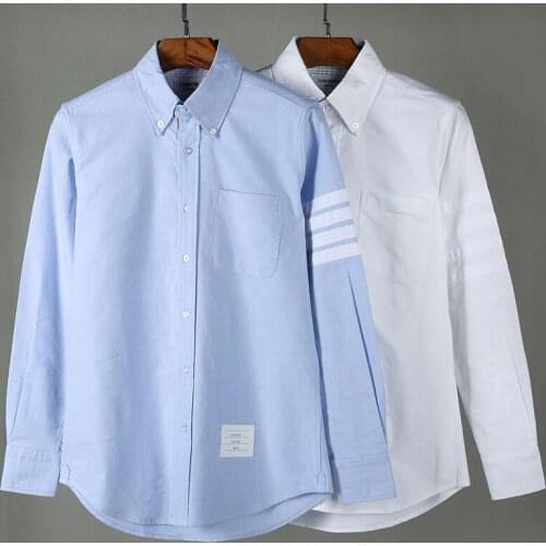 2021 Fashion TB THOM Brand Shirts Men Slim White Long Sleeve Striped Casual Shirt Turn Down Collar Oxford Solid Mens Clothing