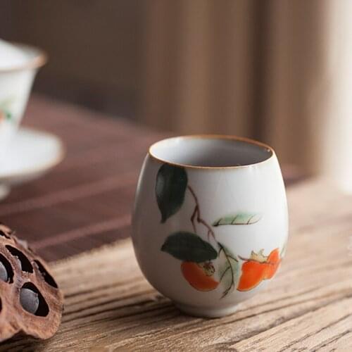 4/Pcs Chinese retro Ru kiln tea cup ceramic Kung Fu tea set household personal single cup Ru porcelain hand-painted flowers