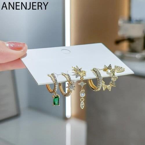 ANENJERY 6 pieces/set 925 Sterling Silver Micro Zircon Stars Tassel Hoop Earrings Set Creative Geometric Earrings Suit Wholesale
