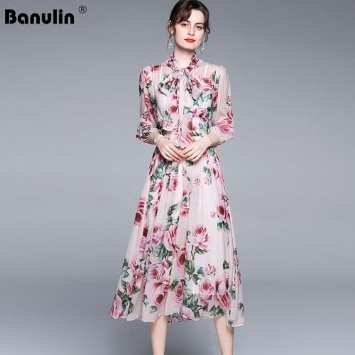 Banulin 2021 Summer Women Pink Rose Floral Boho Long Dress Puff Sleeve Bow Belt Collar Holiday Vacation Chiffon Beach Dress