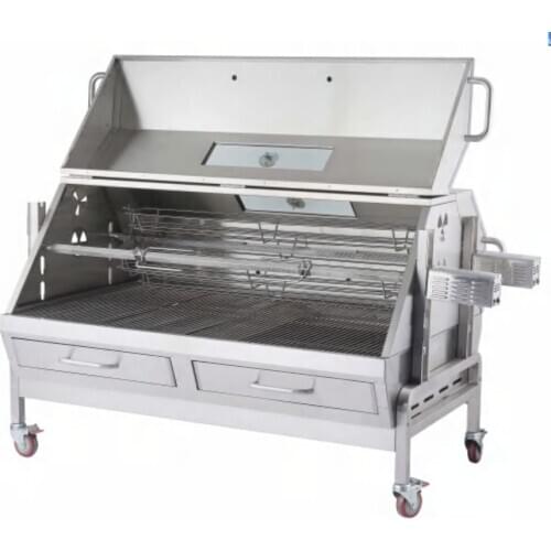 Free shipping by sea supper quality automatic outdoor gas and charcoal BBQ grill with lid,double skewers and douuble motors