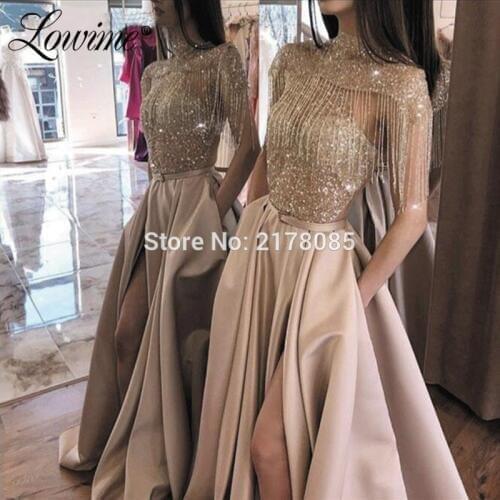 Glitter Evening Dress With Jacket Long 2020 Dubai Arabic Party Gowns High Split Side Abendkleider Two Pieces Prom Dresses