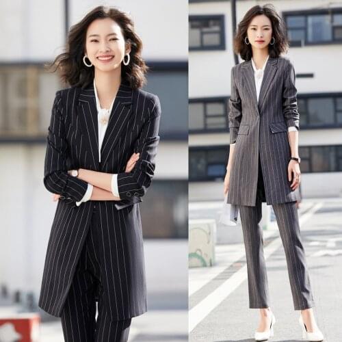 Formal Pantsuits Women Business Suits Long Blazer Ladies Pant and Jacket Sets Work Wear Office Uniform Styles Black Striped