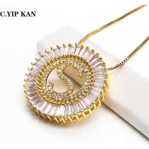 C.YIP KAN Hot Sale A-Z Initials gold plated copper Micro Pave CZ Letter Pendant Necklaces For Women Charm Family Jewelry Gift