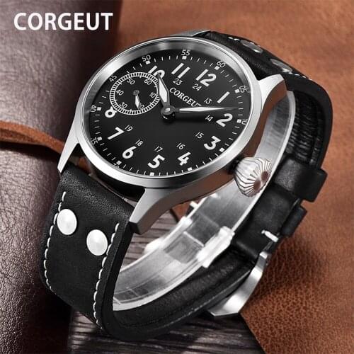 CORGEUT Mens Watches Top Brand Luxury Back Skeleton Mechanical Watch Men Fashion Business Wristwatch Leather Clock Reloj Hombre