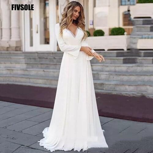 Elegant Chiffon Wedding Dresses Boho Long Sleeves Floor Length A-line Vintage Bridal Gowns Vestido De Noiva White Ivory Custom
