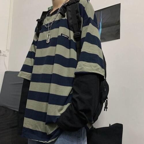 Streetwear Harajuku dark wind T-shirt female fake two-piece striped long-sleeved shirt female viper female 2021