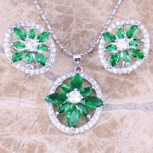 Delicate Green Cubic Zirconia White CZ Silver Plated Earrings Pendant Necklace Jewelry Sets S0734