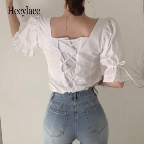 2020 Summer Women Casual Blouse Square Collar Single Breasted Flare Sleeve Solid Fashion All-Purpose Style Blouse Tops