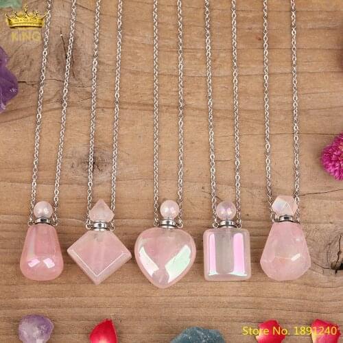 Fashion Aura Natural Stone Essential Oil Bottle Pendant Necklace Titanium AB Pink Roses Quartz Perfume Bottle Pendant Jewelry