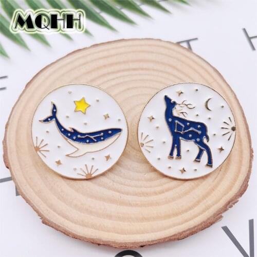 Cartoon Sweet Animals Round Enamel Pins Whale Elk Star Moon Alloy Brooch Couple Badge Cute Accessories Woman Jewelry Gift