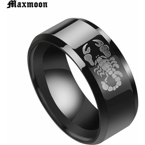 Maxmoon Punk Vintage Black Scorpion Pattern Mens Ring Black Color Round Stainless Steel Titanium Rings for Men Jewelry