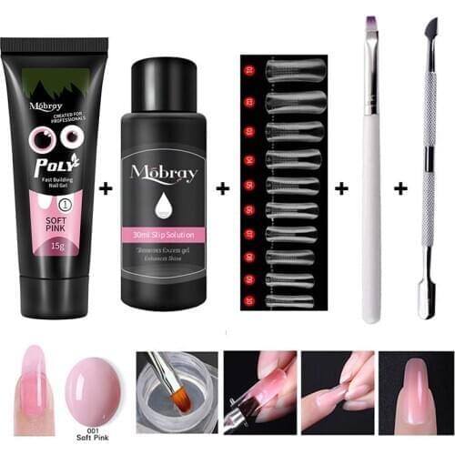 5pcs/lot Acrylic Builder Poly Nail Gel Kit With Slip Solution Gels Brush False Nail Tips Nail Form Manicure Tool Set