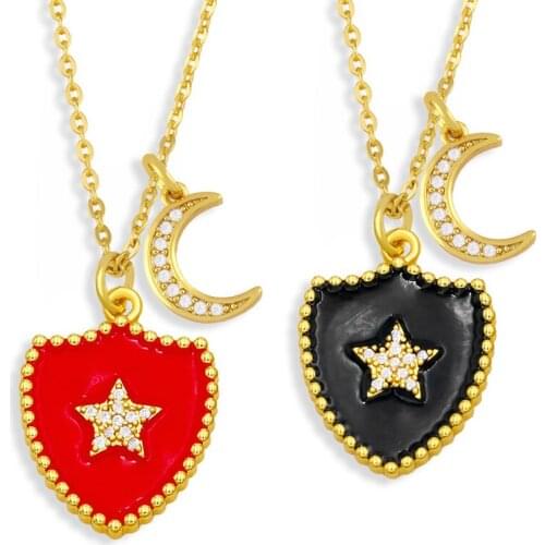 FLOLA Brass CZ Star Necklace For Women Gold Chain Crystal Moon Pendant Necklace Jewelry For Gifts nkev68