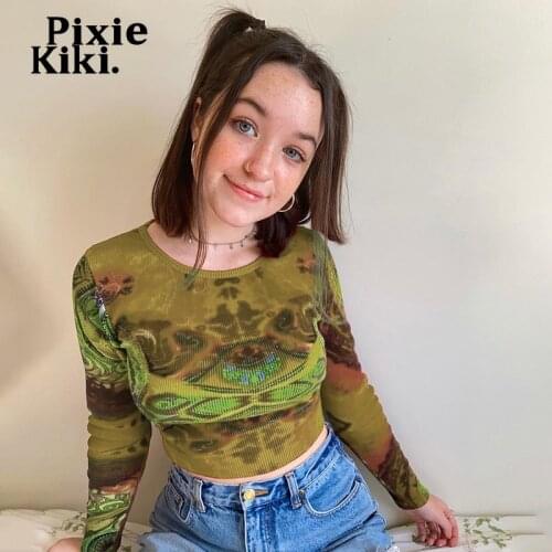 PixieKiki Y2k Vintage Grunge Hippie Women Graphic Crop Top Symmetrical Printed Ribbed Long Sleeve T Shirt Autumn 2021 P67-BI17