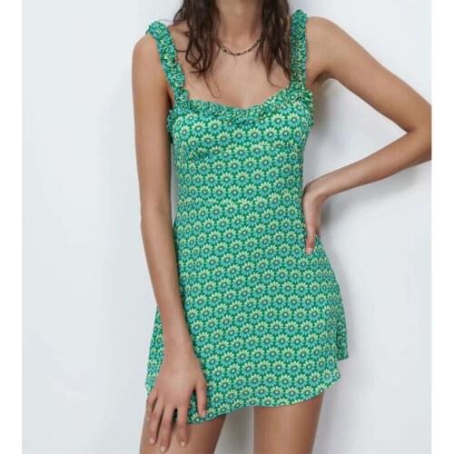 Spaghetti Strap Floral Mini Dress Women Ruffled Summer Sleeveless Sundress Beach Short With Lining Party Green Dresses Casual