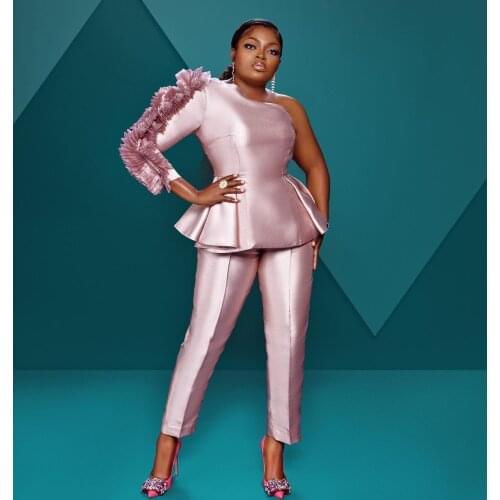 African Plus Size Evening Gowns One Shoulder Satin Ruffles Custom Made Prom Dress Pants Suit Ankle Length Formal Gowns