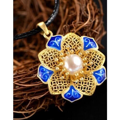 Retro Thai Silver Jewelry S925 Sterling Silver Cloisonne Natural Freshwater Pearl Flower Pendant Craft Women Pendant Wholesale